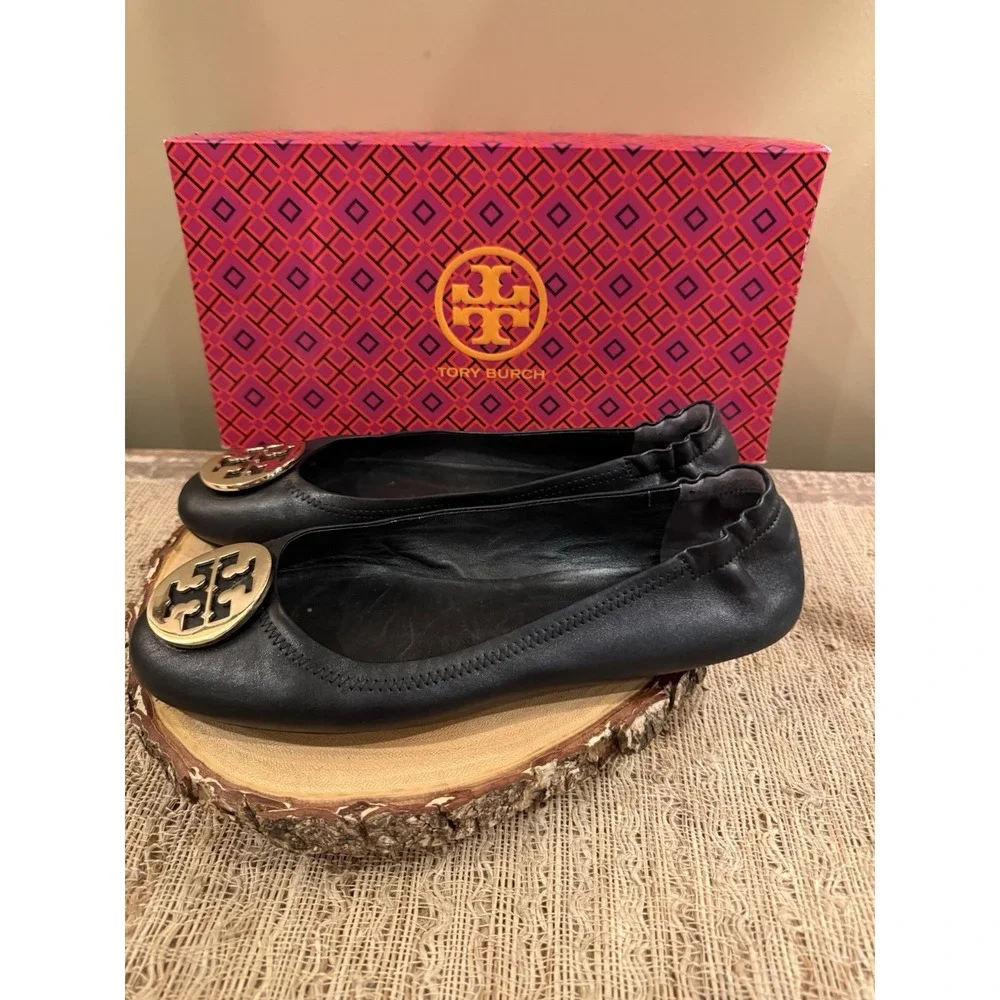 Tory Burch Minnie Travel Ballet Flats Black Leather Gold Logo Sz-10M